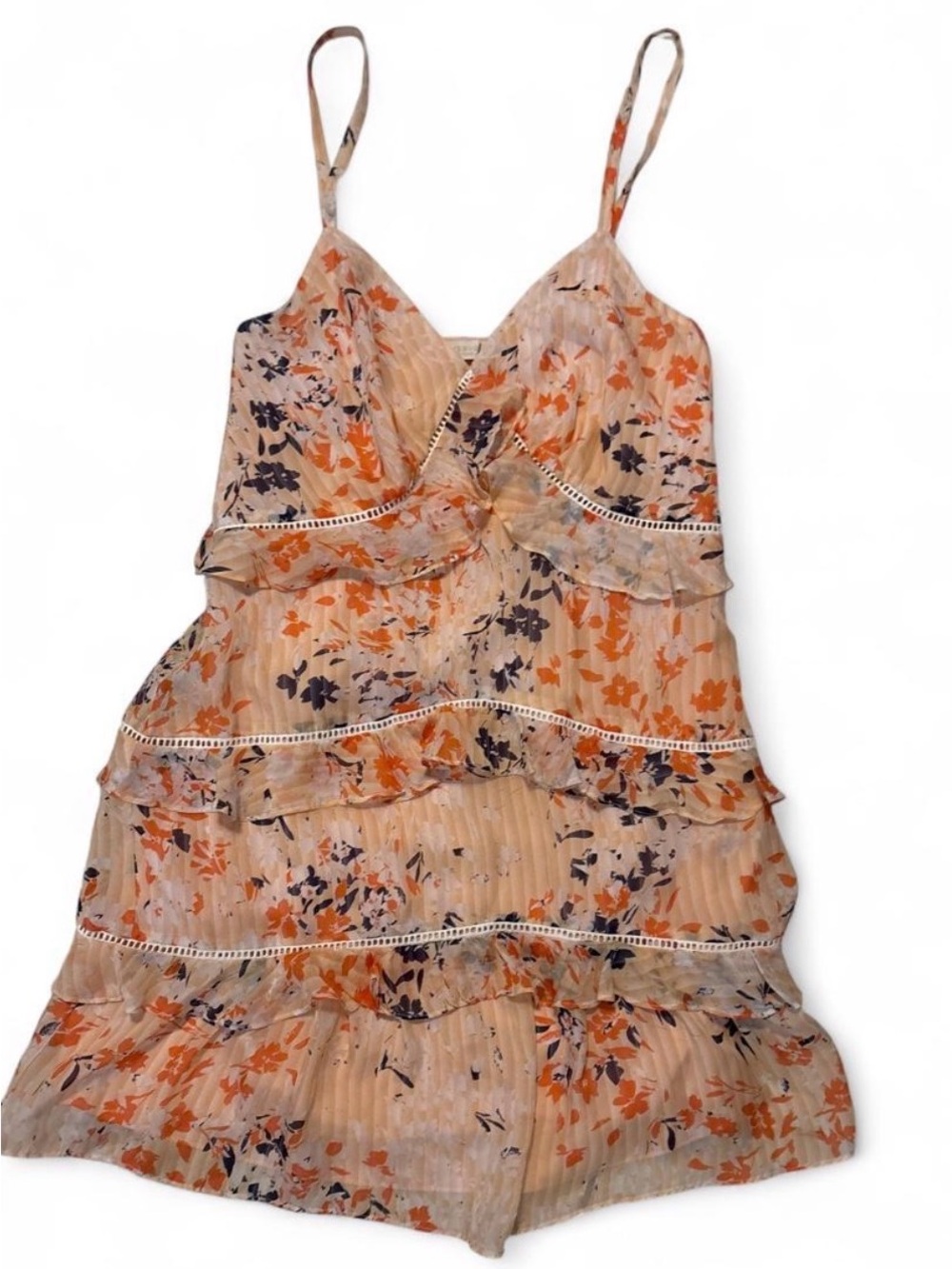 Ramy Brook Peach Floral Tiered Spaghetti-Strap Dress